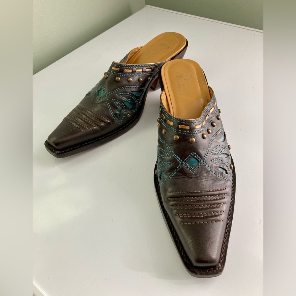 Vintage western-style brown mules with turquoise and brass detailing